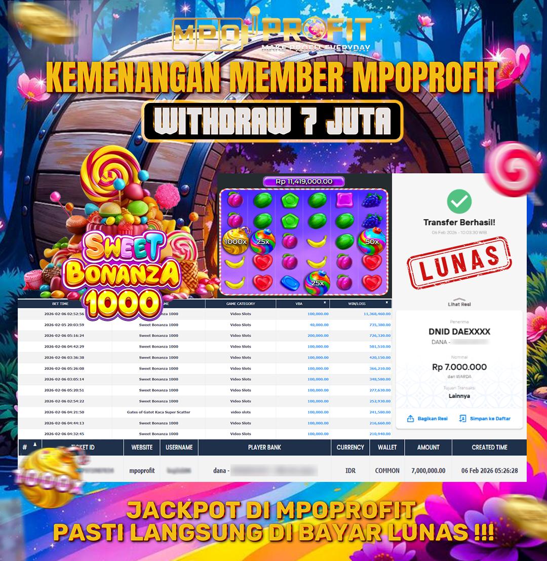 MPOPROFIT JACKPOT SLOT PRAGMATIC PLAY! KEMENANGAN MURNI DI (SWEET BONANZA 1000 TOTAL RP. 7.000.000,- LUNAS)